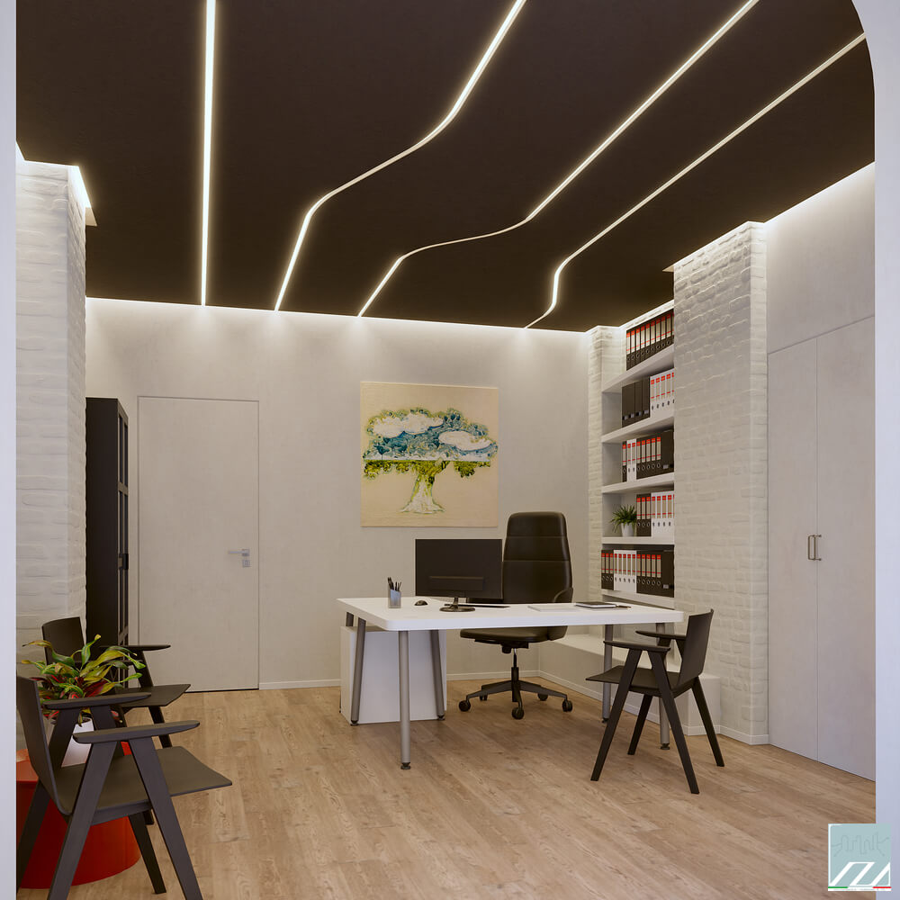 Vista dell'ufficio di ingresso - soluzione chiara e soffitto scuro