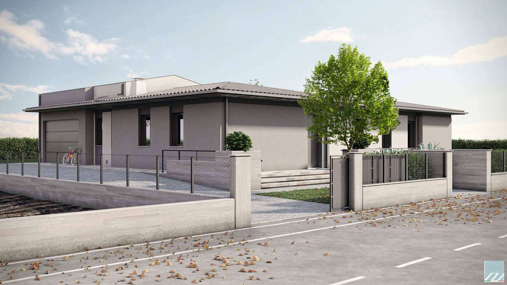 Vista del fronte principale e lato garages