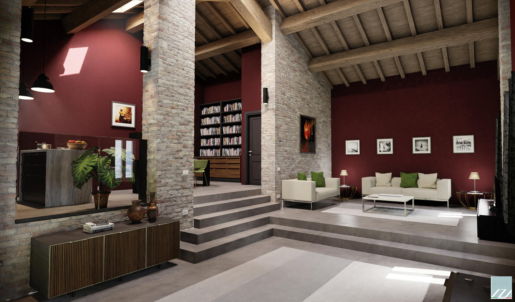 Vista della zona giorno dell'unità posta al primo giorno