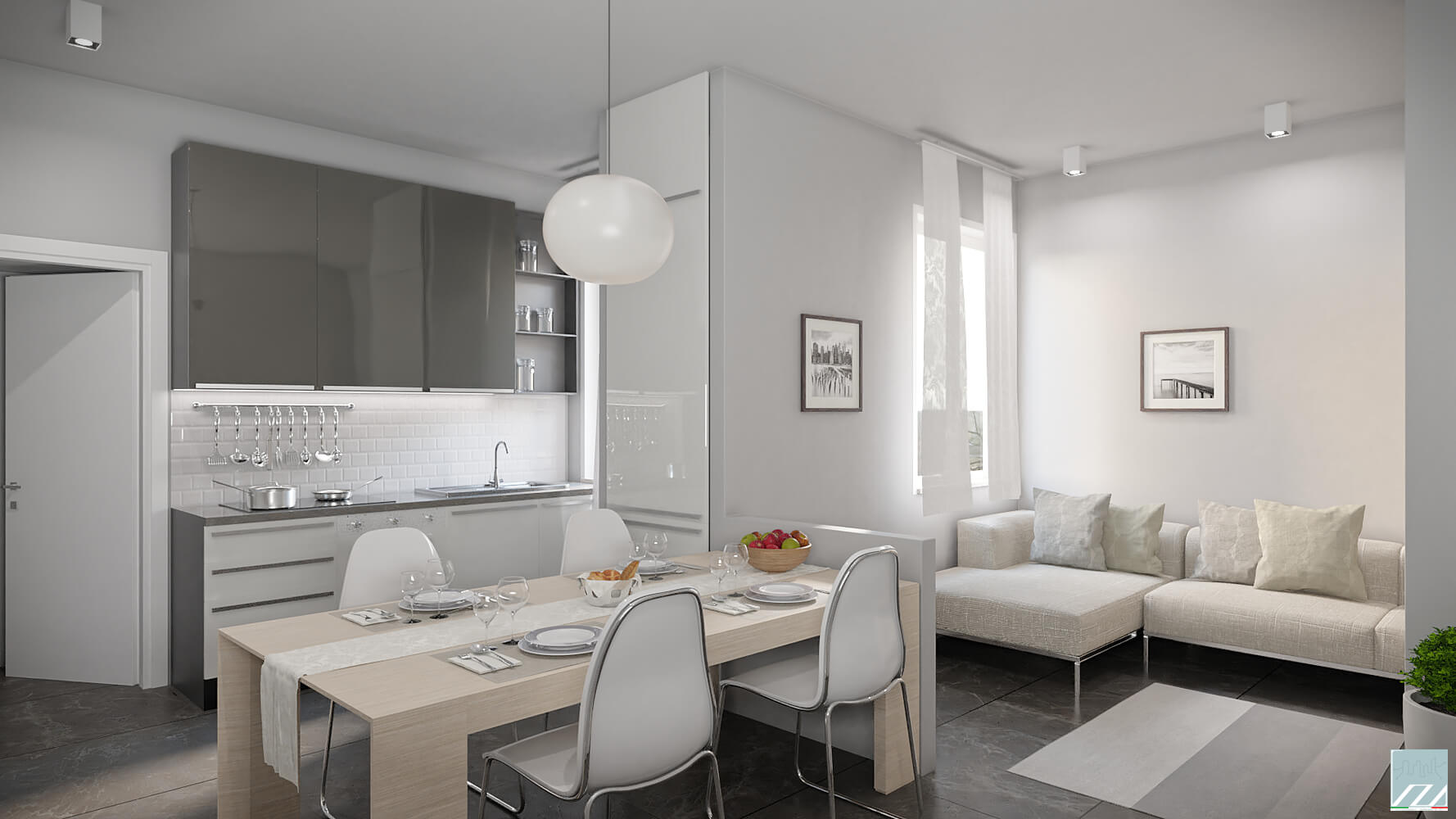 Vista della zona giorno dell'unità bilocale