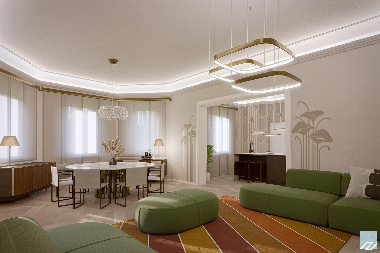 Vista della zona giorno della prima delle due unità abitative al piano rialzato