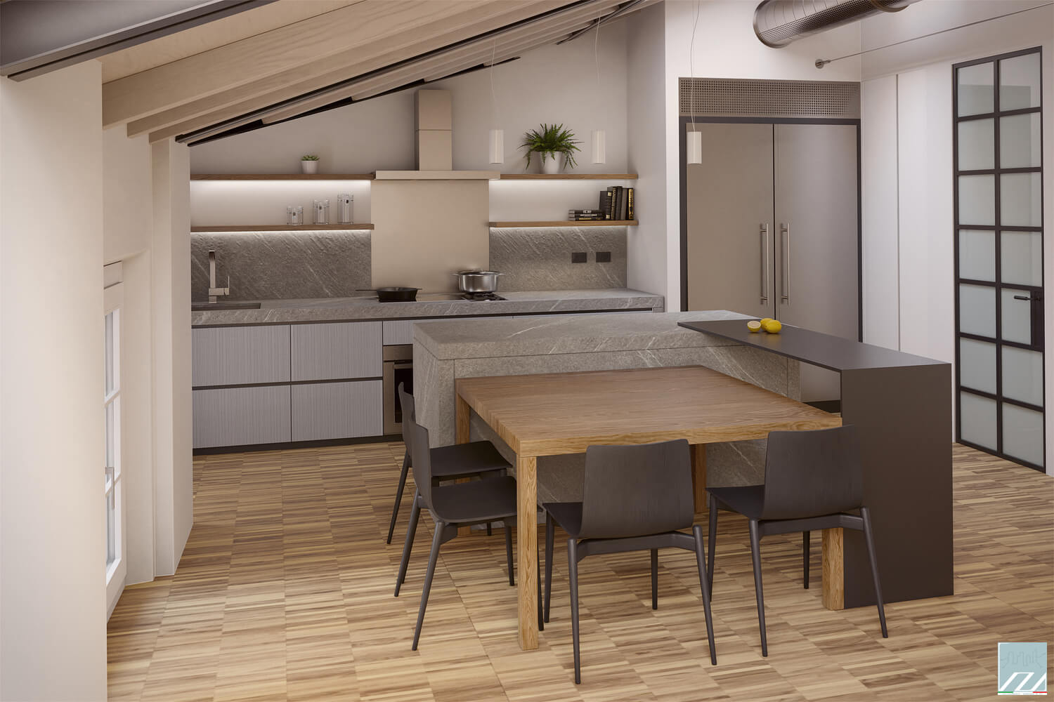 Soluzione con ante in cannicciato grigio