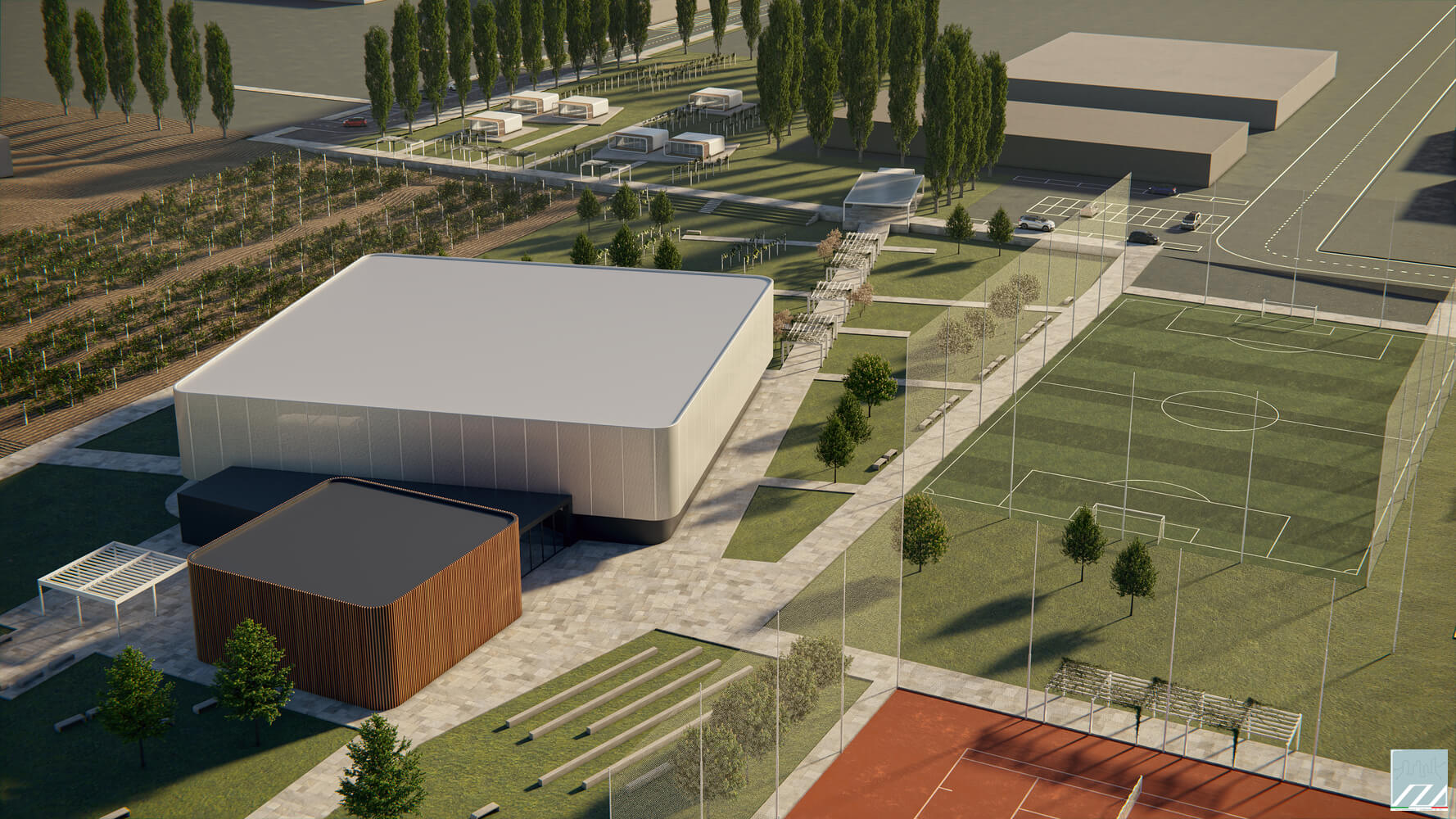 Vista a volo d'uccello da est