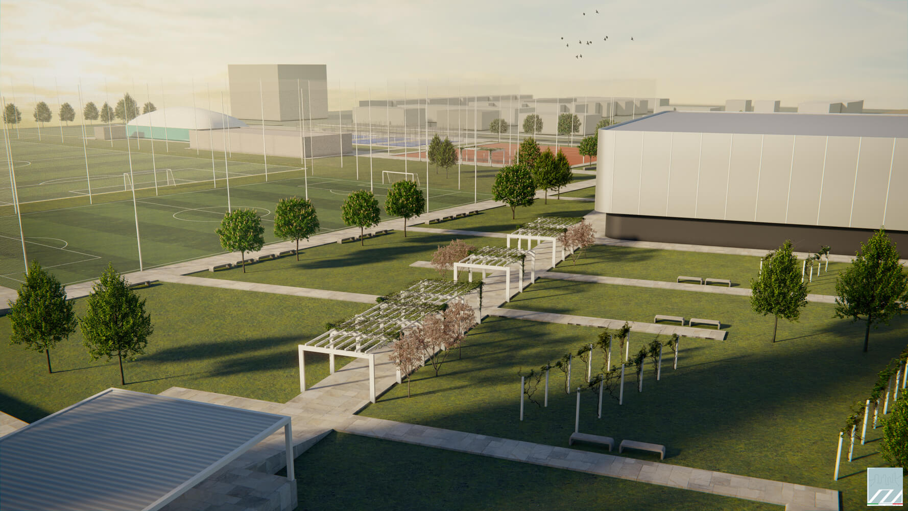 Asse pedonale di connessione del centro sportivo e parco